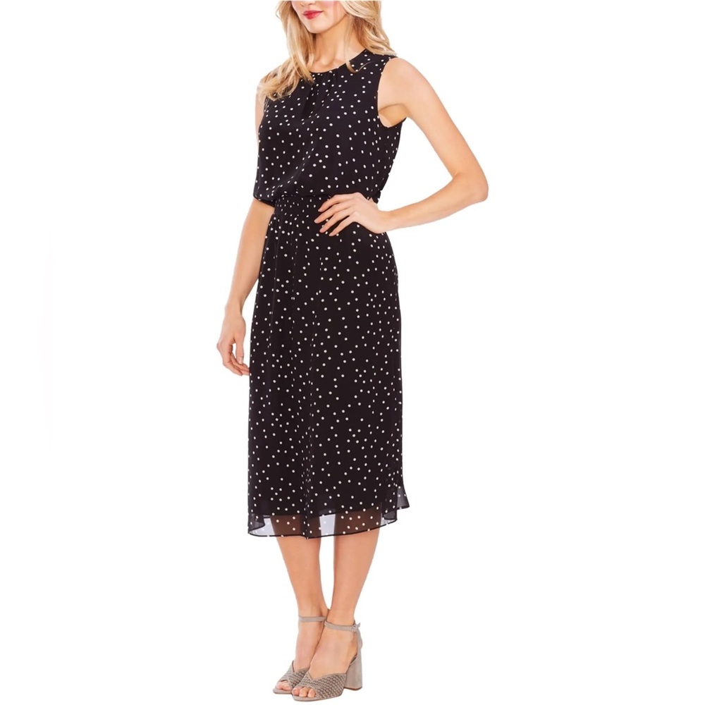 Vince Camuto Black And White Polka Dot Sleeveless Midi Dress Size Small